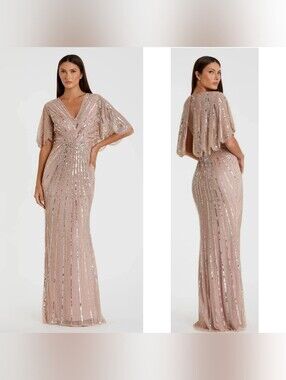 Mac Duggal Sequined V Neck Cape Sleeve Column Vintag Rose Gown 16 Wedding Party